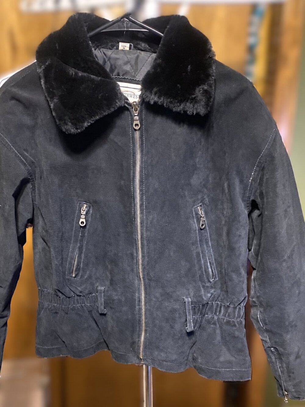 Northwest Territory Black Genuine Leather Jacket Faux Fur Collar Size M